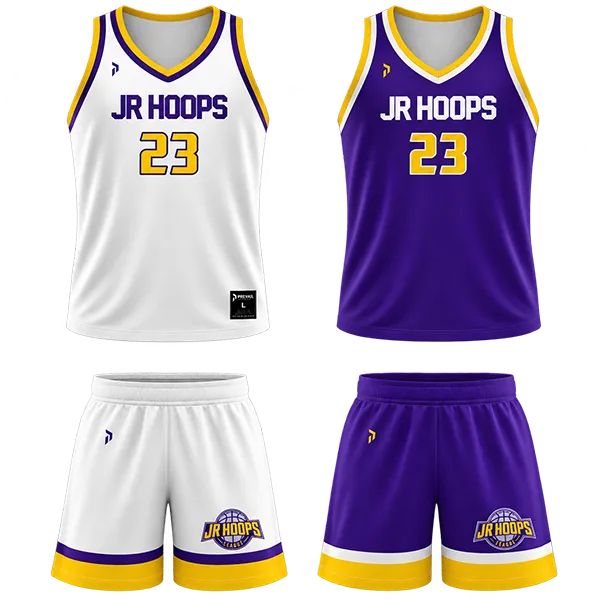 The Jr Hoops game uniform, a jersey and shorts shown in white and in purple, trimmed in gold.