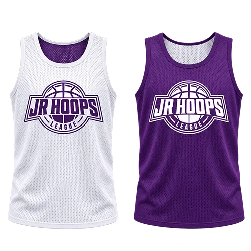 The Jr Hoops practice jersey, a mesh tank with the Jr Hoops League logo, shown in white and in purple.